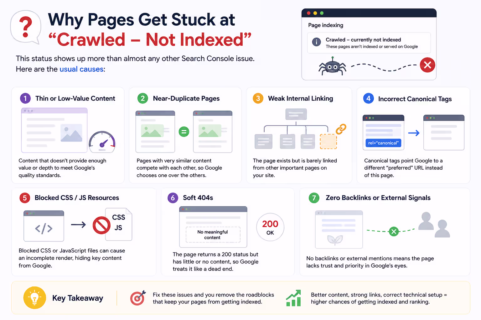 SEO infographic explaining why pages get stuck in "Crawled – Currently Not Indexed" in Google Search Console and the most common indexing issues.