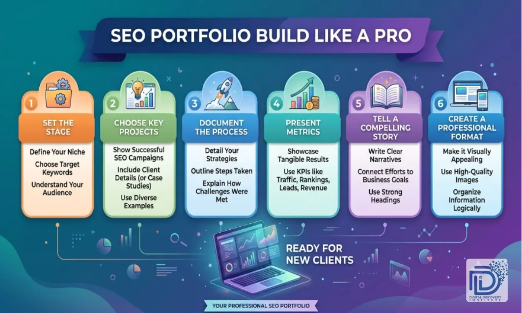 Infographic showing six steps to build an SEO portfolio: set the stage, choose key projects, document the process, present metrics, tell a story and create a professional format