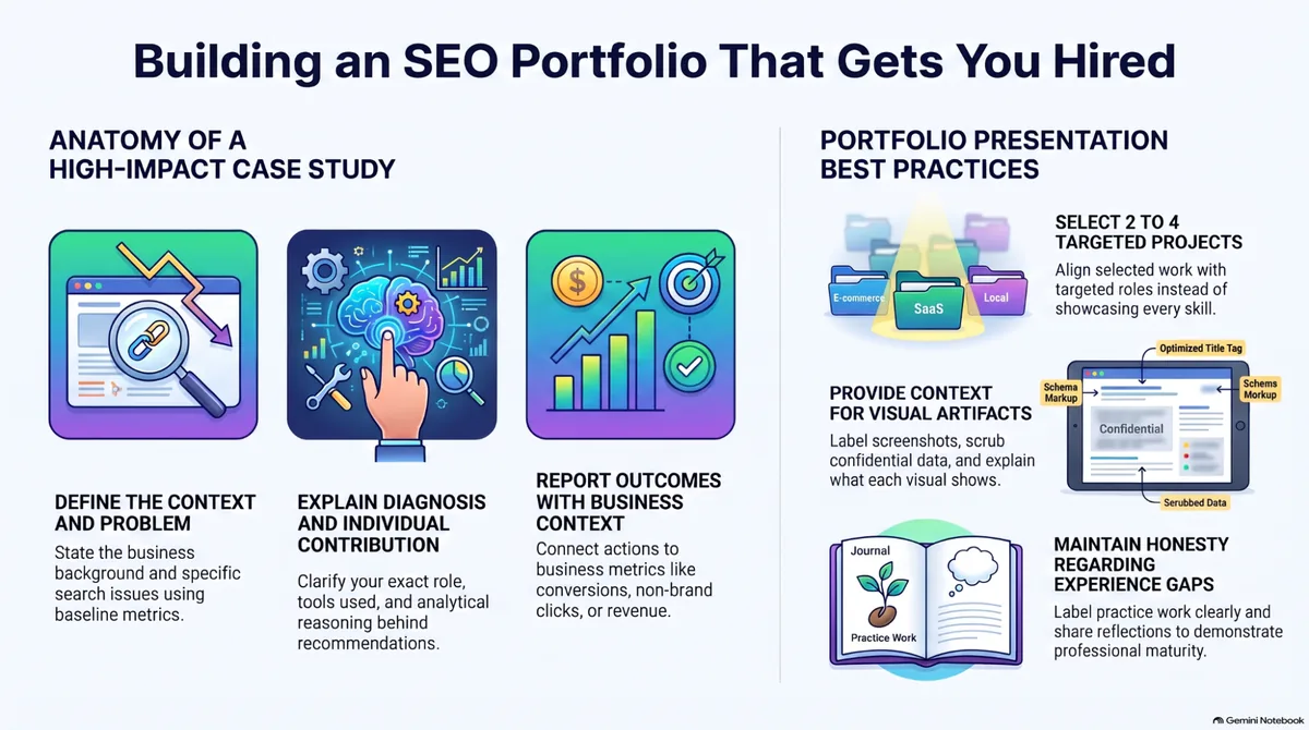 Infographic on building an SEO portfolio that gets you hired: anatomy of a high-impact case study and portfolio presentation best practices