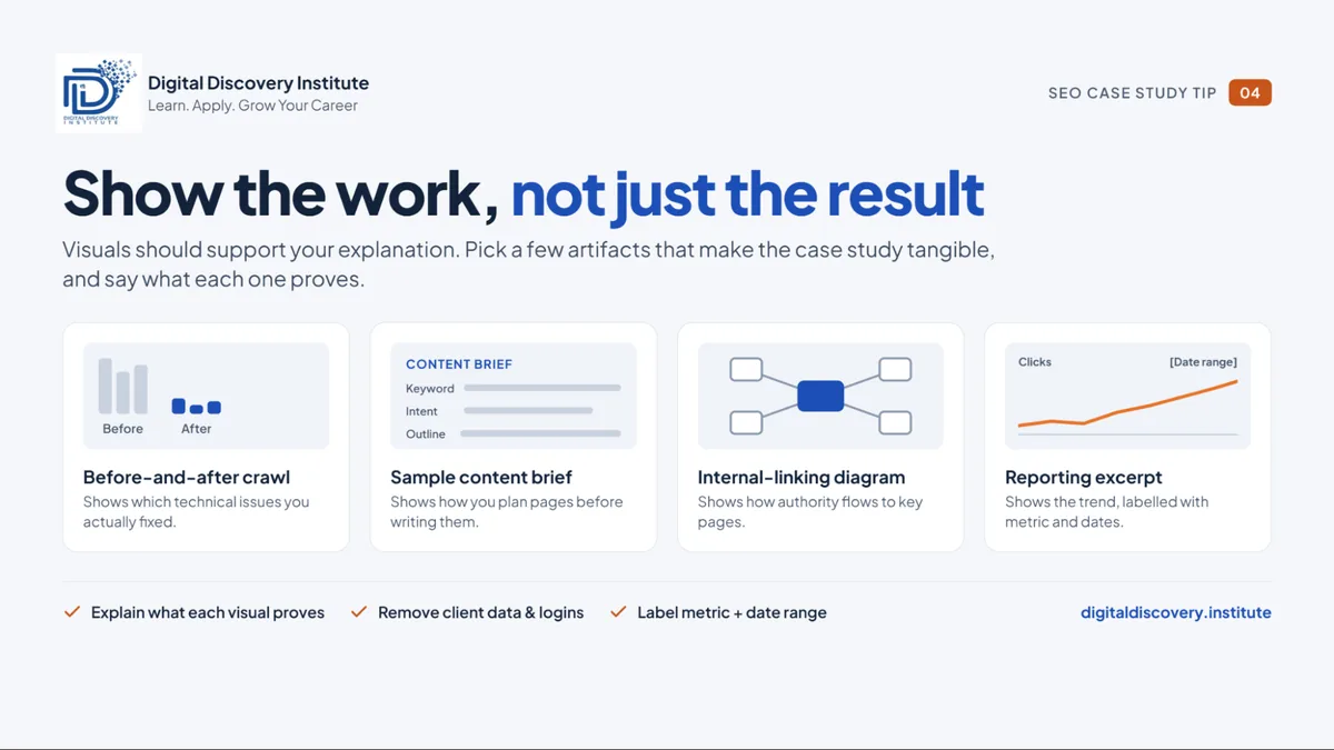 SEO case study tip showing portfolio artifacts: before-and-after crawl, sample content brief, internal-linking diagram and reporting excerpt